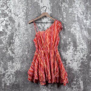 Free People Dress XS Womens Pink Chiffon Asymmetrical Striped One Shoulder
